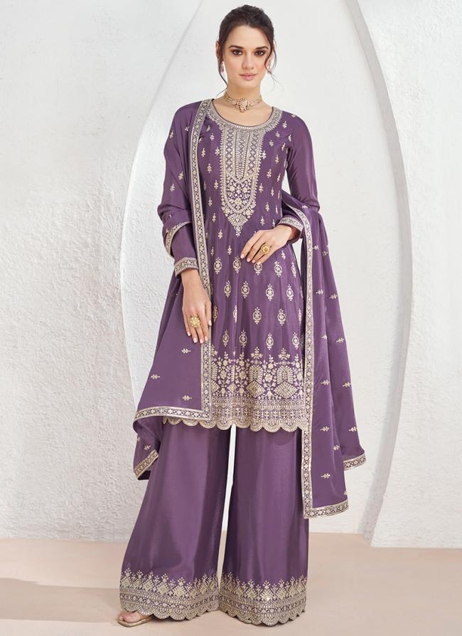 Chinnon Silk Purple Party Wear Embroidery Work Readymade Salwar Suit